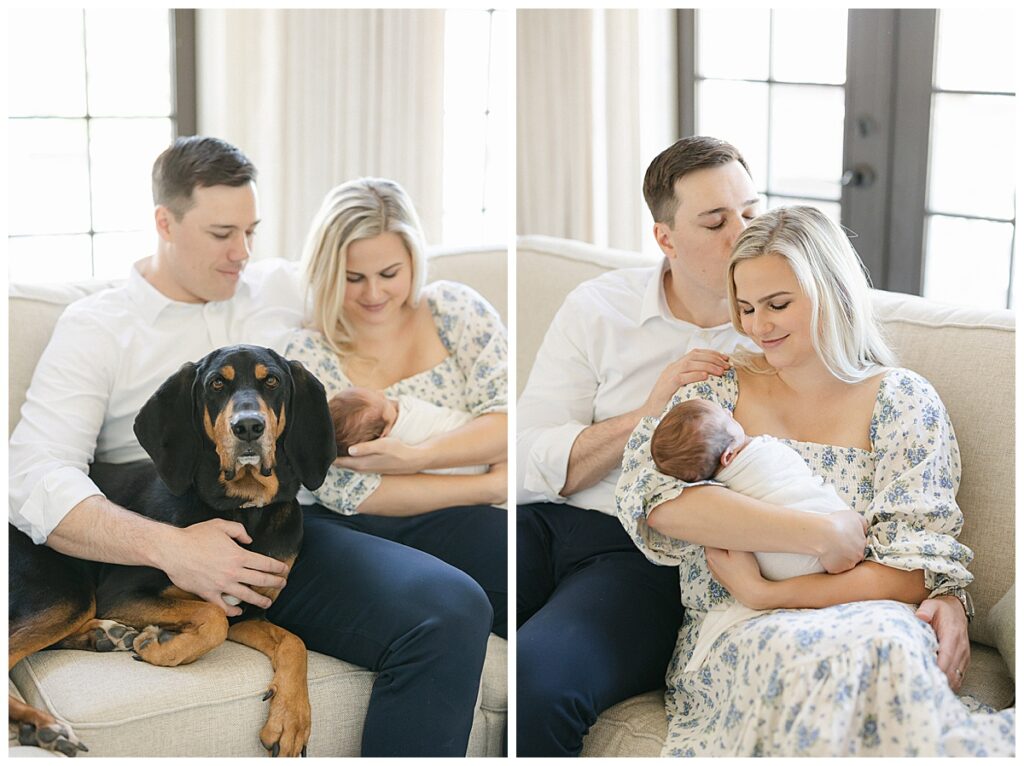 mom, dad and newborn baby on couch with dog